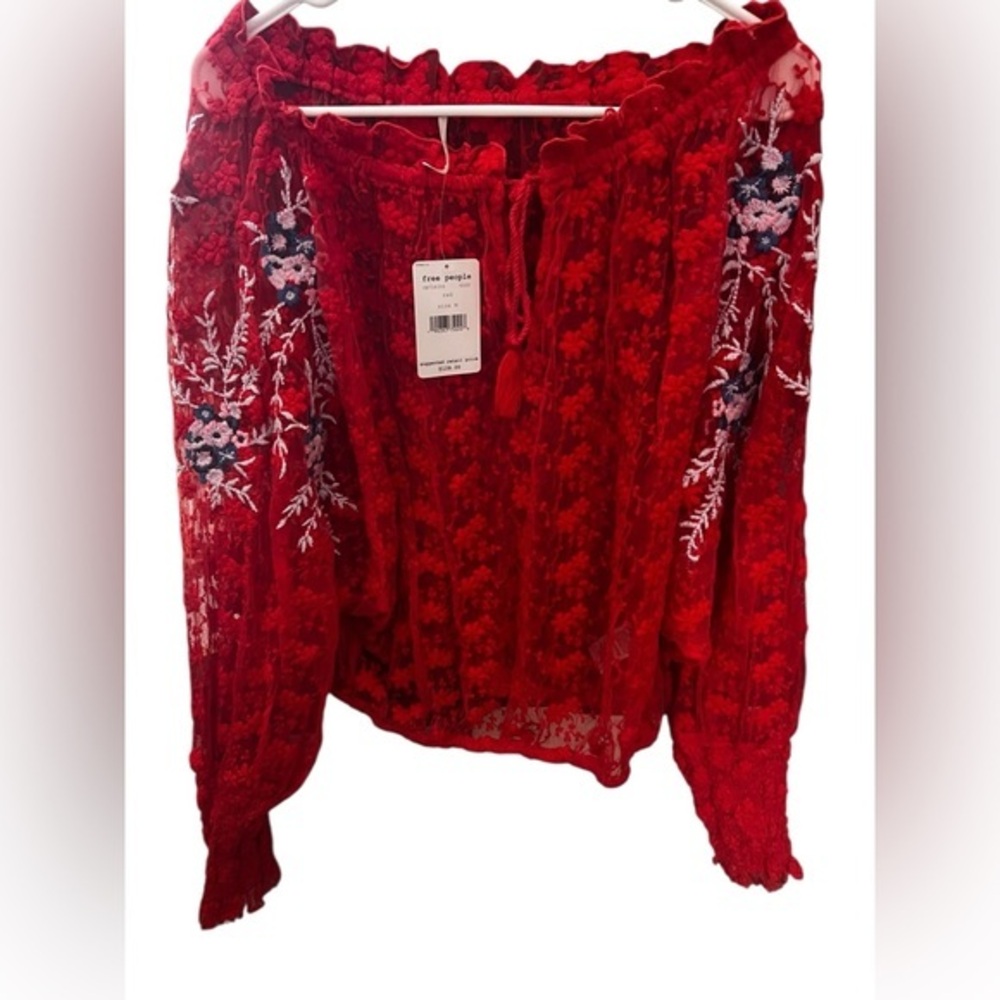 Free People Embroidered Red sheer jubilee top sz M